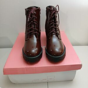 Allegra K Size 10 Burgundy Patent Lace-Up Combat Boots Block Heel Lug Sole